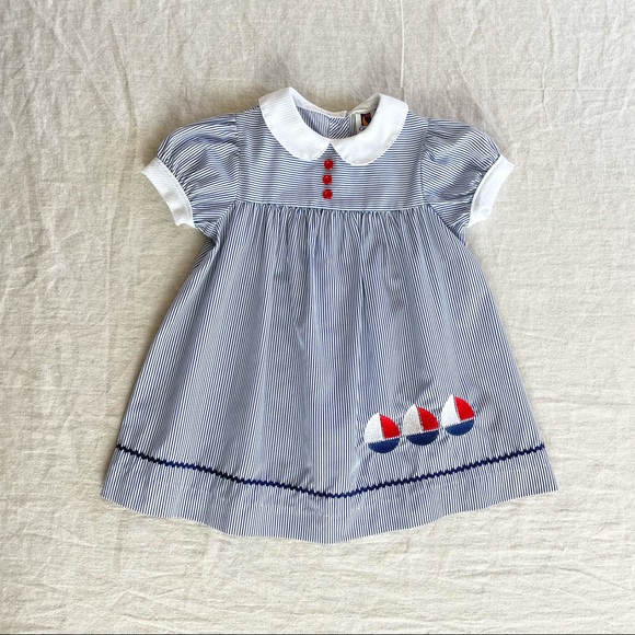 Carter's Other - Carter’s | Vintage Embroidered Sailboat Striped Dress With Peter Pan Collar
